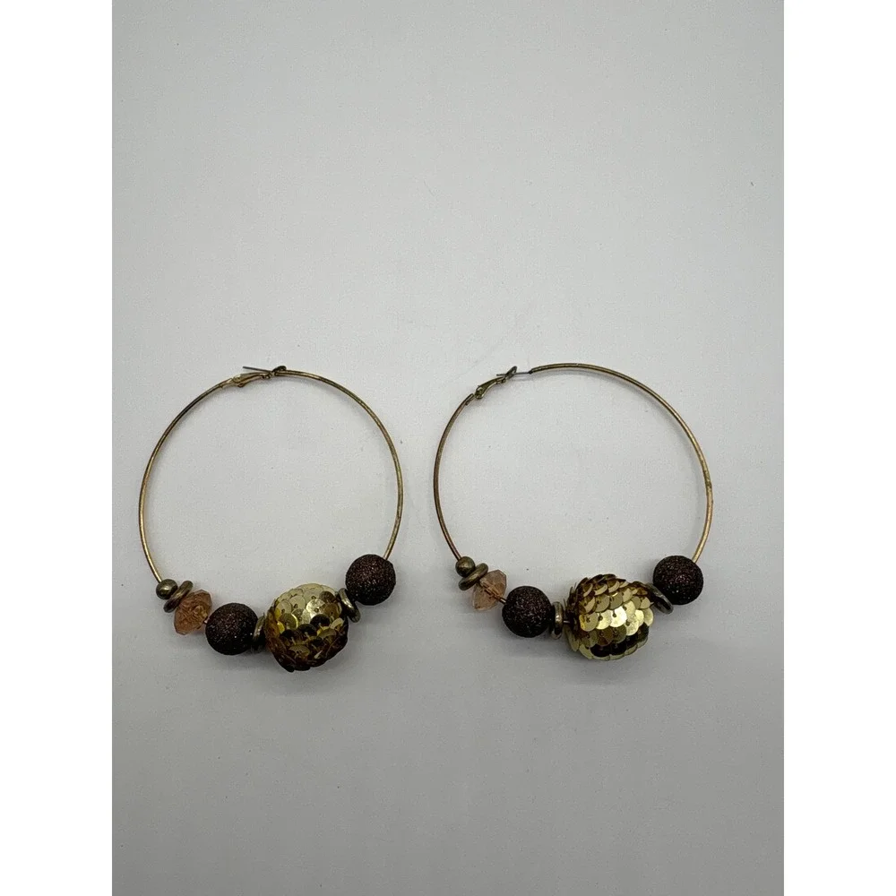 Gold Tone Large Beaded Hoop‎ Earrings Sequin Glitter Warm Accents J935